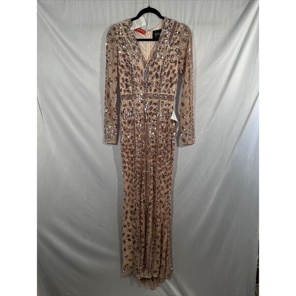 NWT Mac Duggal [ 6 ] Embellished Front Slit Long Sleeve Gown 5002‎ Rose Gold - Picture 10 of 16